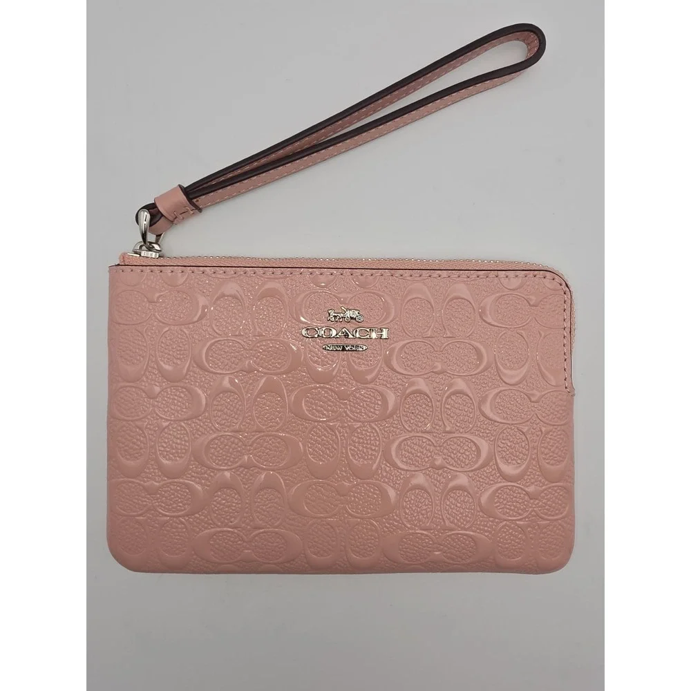 Coach Small Corner Zip Wristlet Pink Signature Patent Leather